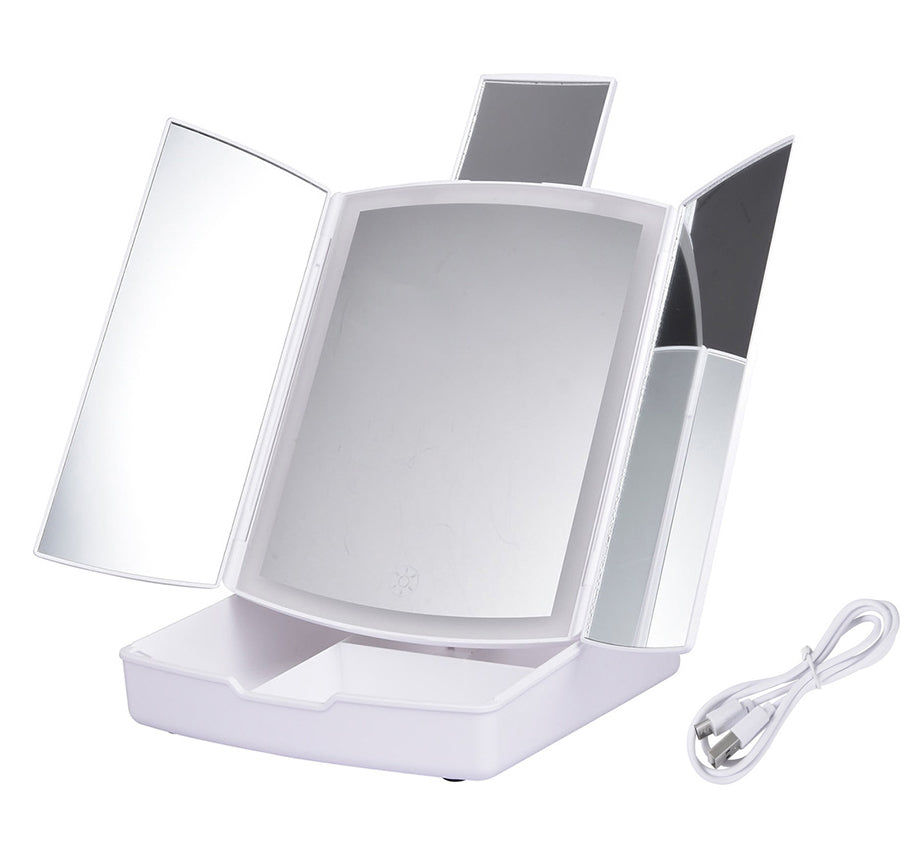 Oglinda cosmetica pliabila, Zola, lumini LED, marire 5x, compartiment de organizare, 3 moduri de iluminare, comutator tactil, functionare 4 baterii/alimetare cablu USB inclus, dimensiune pliata 24.5 x 20 cm, dechisa 39 x 34 cm, alba Oglinda cosmetica pliabila, Zola, lumini LED, marire 5x, compartiment de organizare, 3 moduri de iluminare, comutator tactil, functionare 4 baterii/alimetare cablu USB inclus, dimensiune pliata 24.5 x 20 cm, dechisa 39 x 34 cm, alba